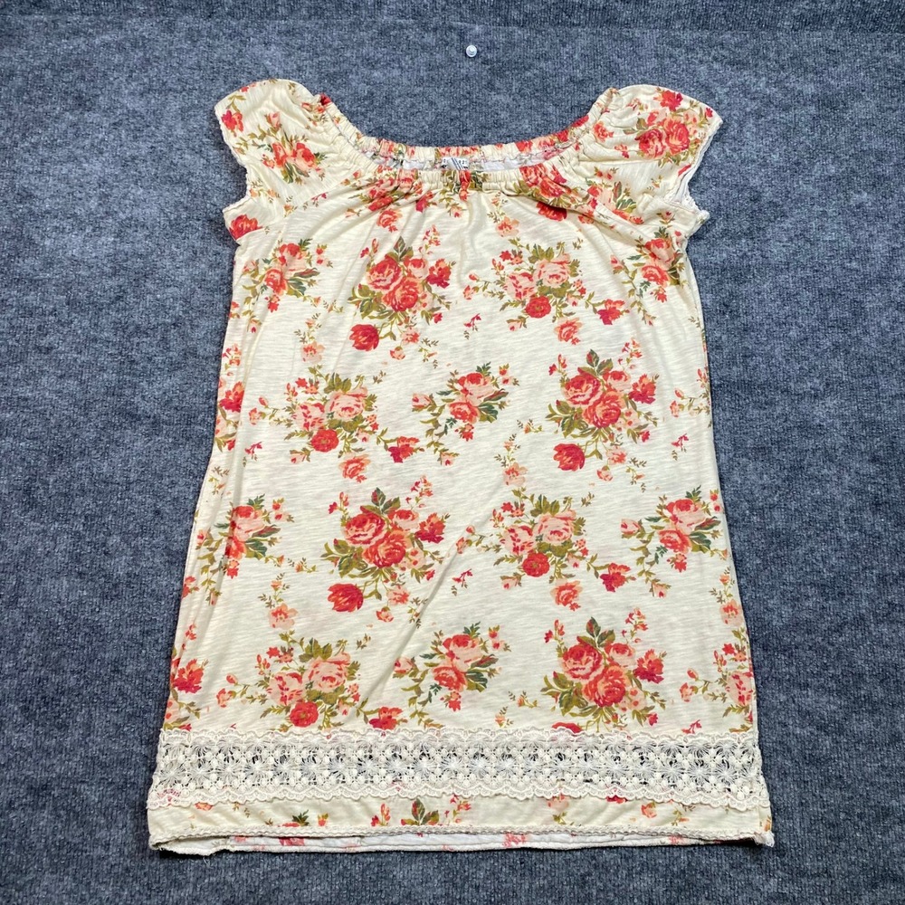 Forever 21 Women Large Cream Red Floral‎ Lace Trim Cap Sleeve Boho Peasant Top